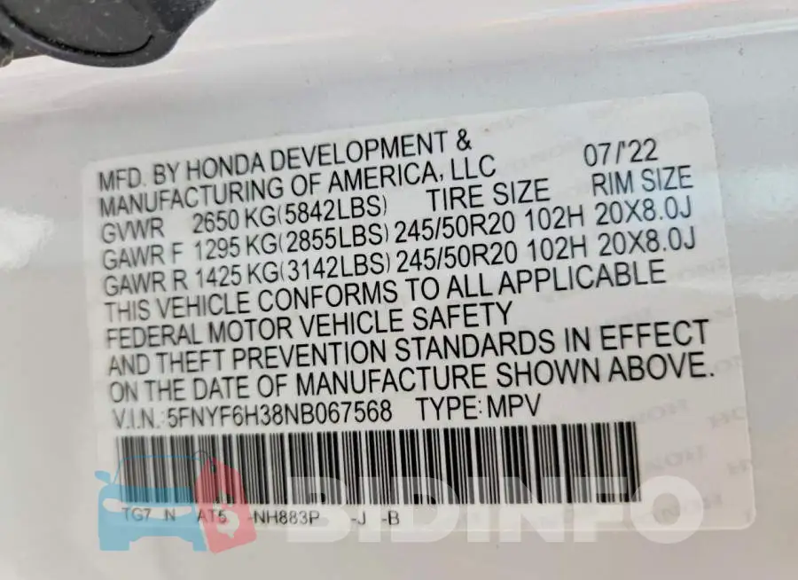 5FNYF6H38NB067568 Photo# 13