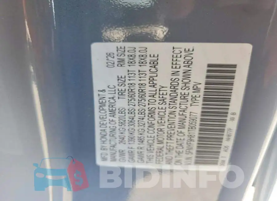 5FNYF9H81TB059077 Photo# 13