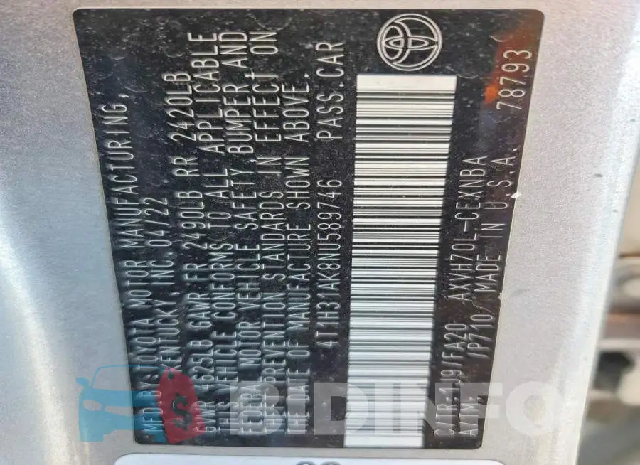 4T1H31AK8NU589746 Photo# 13