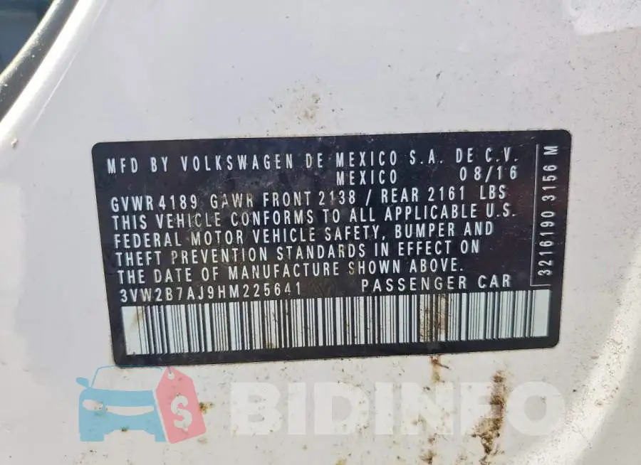 3VW2B7AJ9HM225641 Photo# 12