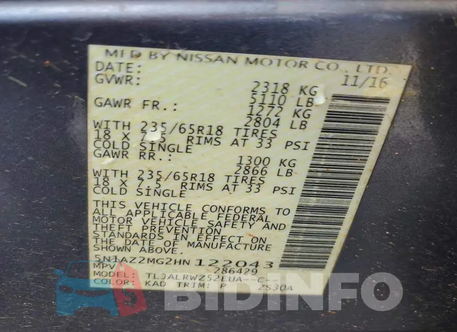5N1AZ2MG2HN122043 Photo# 14