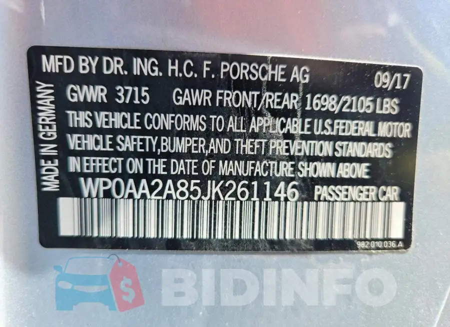 WP0AA2A85JK261146 Photo# 13
