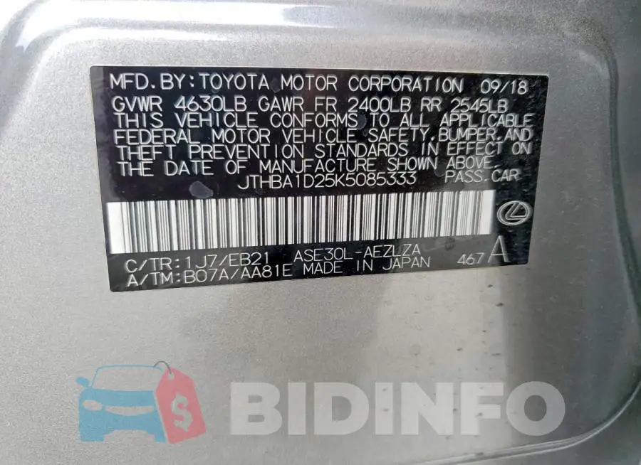 JTHBA1D25K5085333 Photo# 12