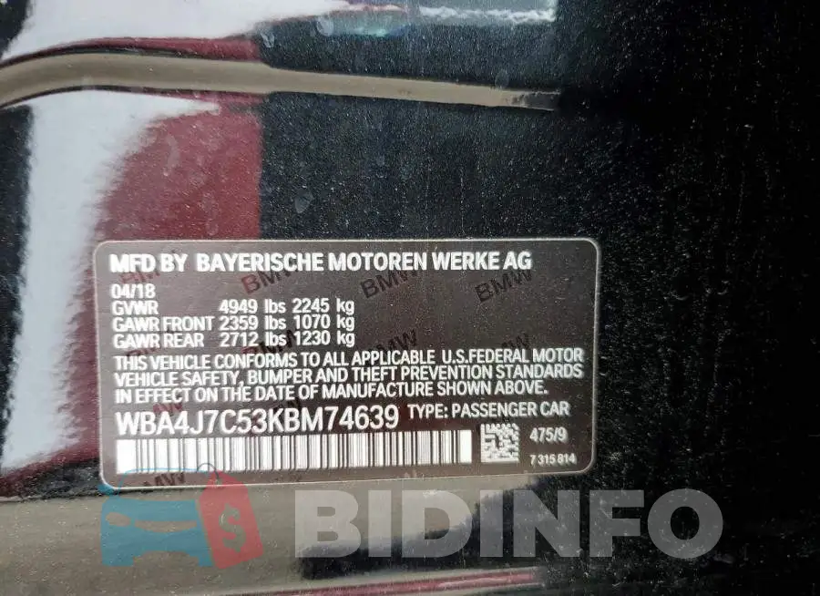 WBA4J7C53KBM74639 Photo# 13