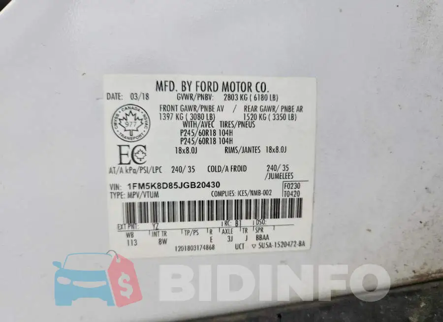 1FM5K8D85JGB20430 Photo# 13