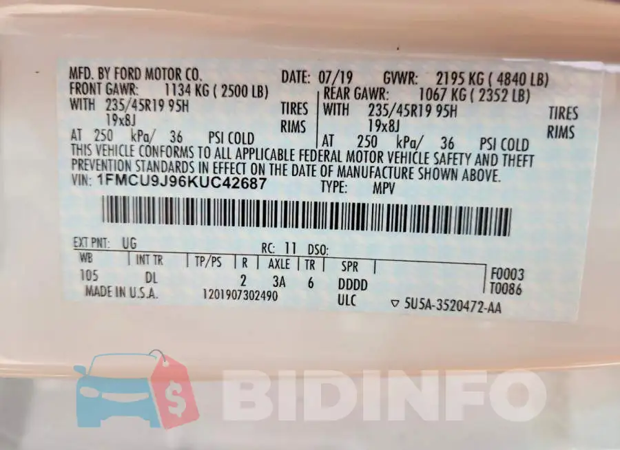 1FMCU9J96KUC42687 Photo# 14