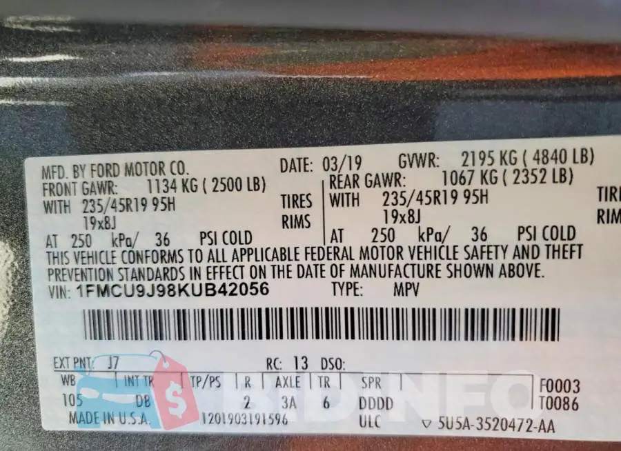 1FMCU9J98KUB42056 Photo# 13