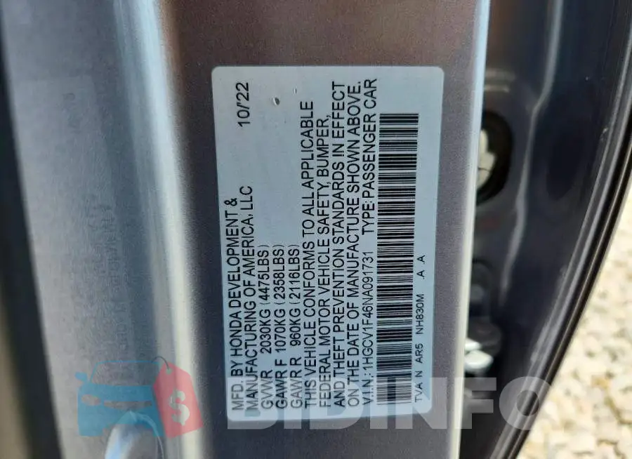 1HGCV1F46NA091731 Photo# 12