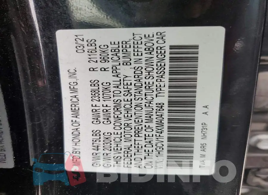 1HGCV1F4XMA047648 Photo# 12