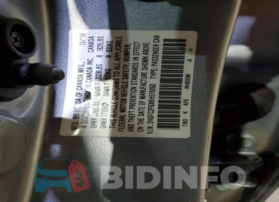 2HGFC2F6XKH519260 Photo# 12