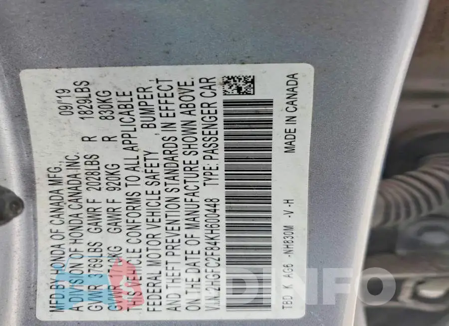 2HGFC2F84KH600448 Photo# 12
