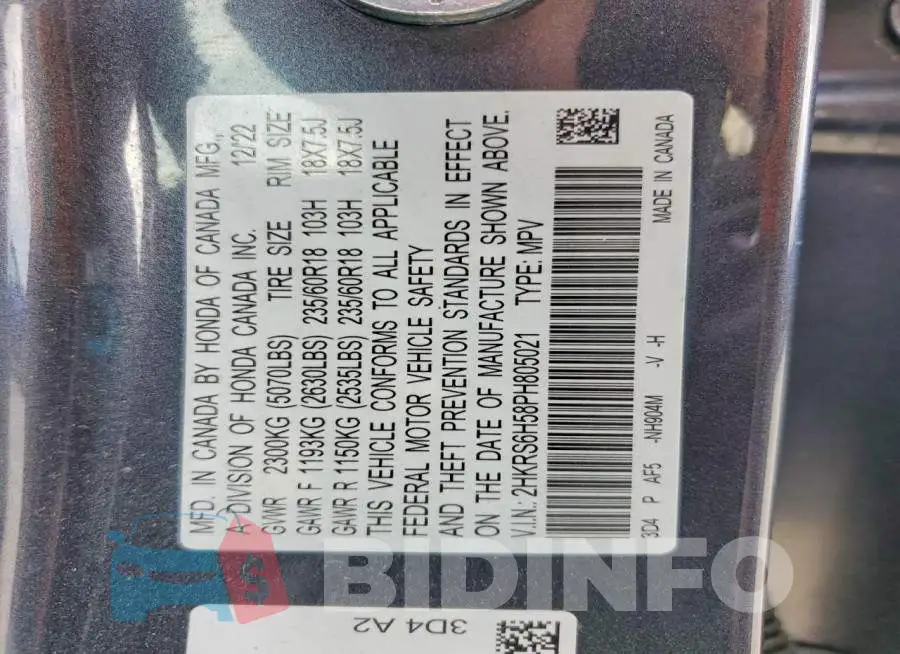 2HKRS6H58PH805021 Photo# 14