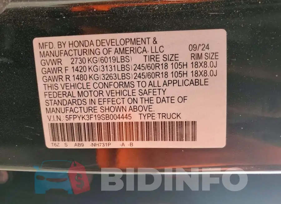 5FPYK3F19SB004445 Photo# 12