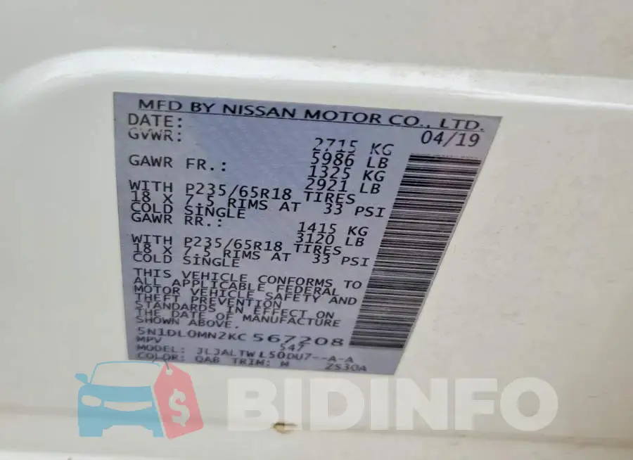 5N1DL0MN2KC567208 Photo# 12