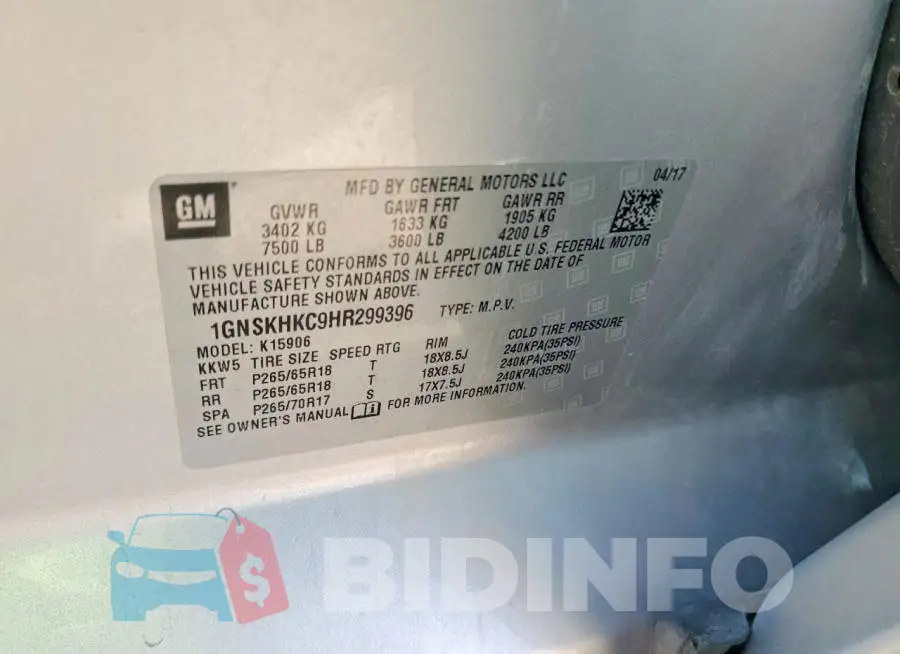 1GNSKHKC9HR299396 Photo# 13