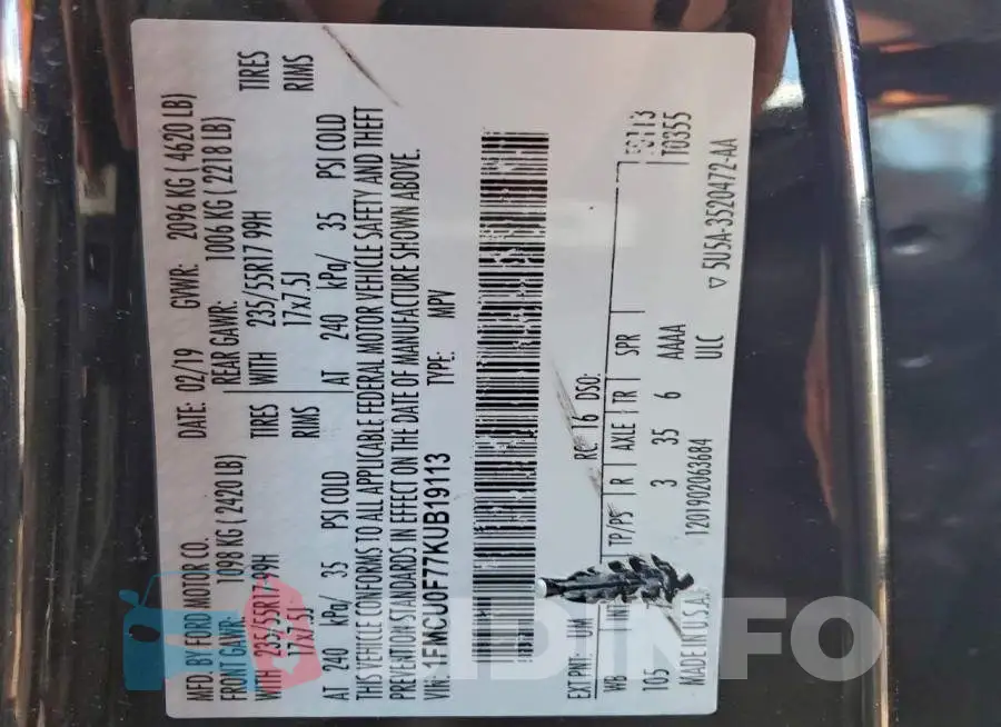 1FMCU0F77KUB19113 Photo# 13