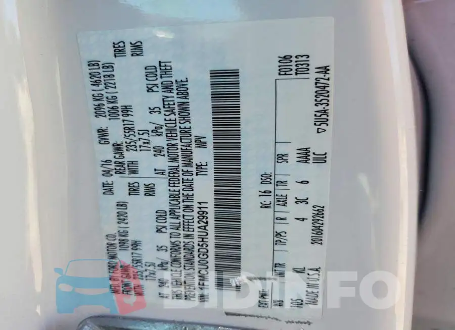 1FMCU0GD5HUA29911 Photo# 13
