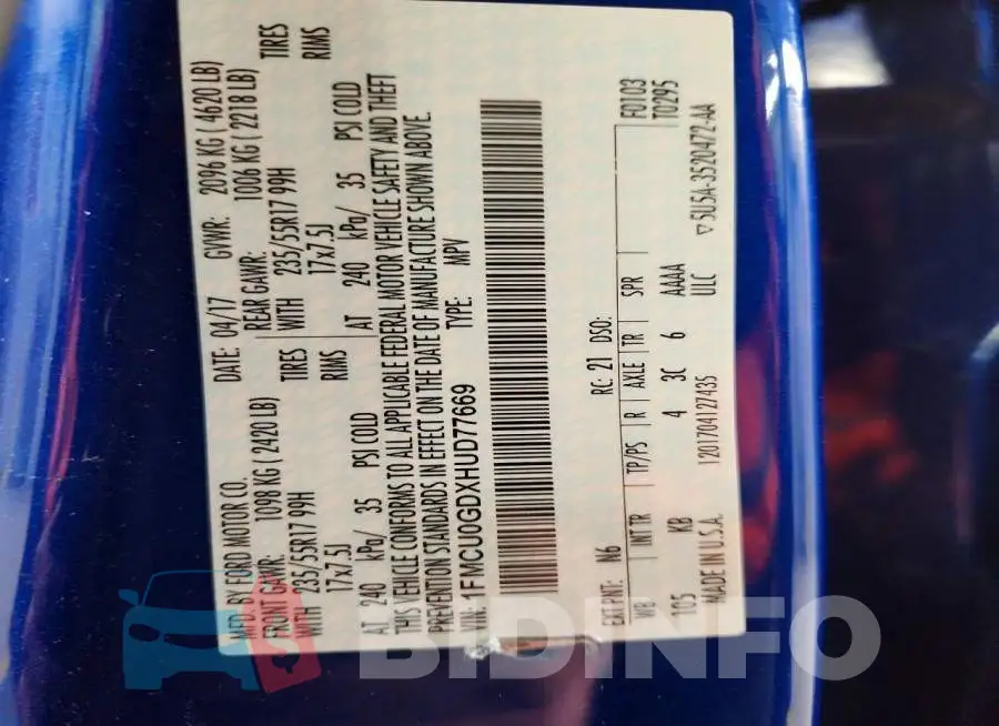 1FMCU0GDXHUD77669 Photo# 13