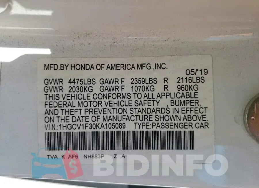 1HGCV1F30KA105089 Photo# 12