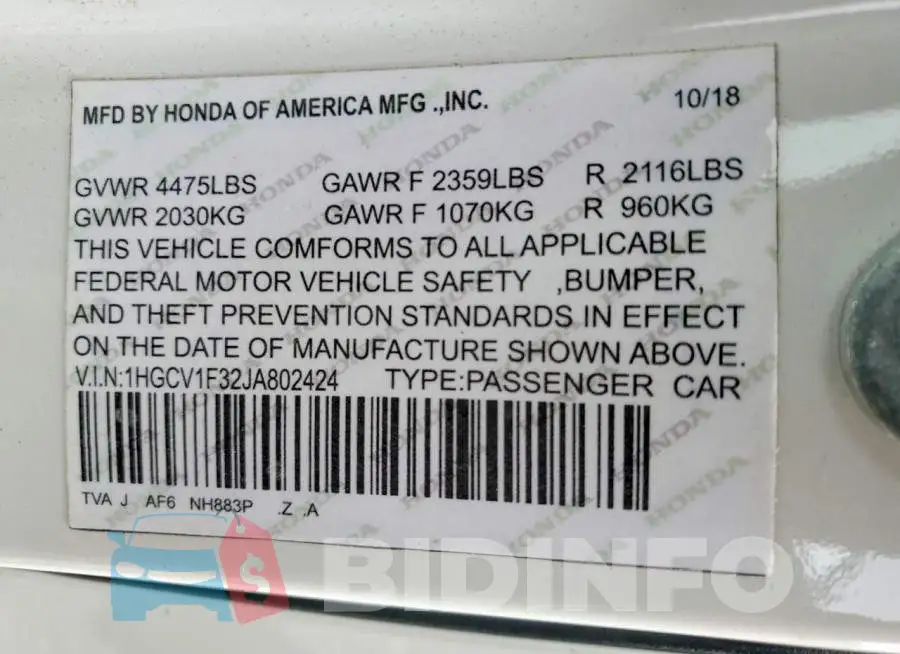1HGCV1F32JA802424 Photo# 13