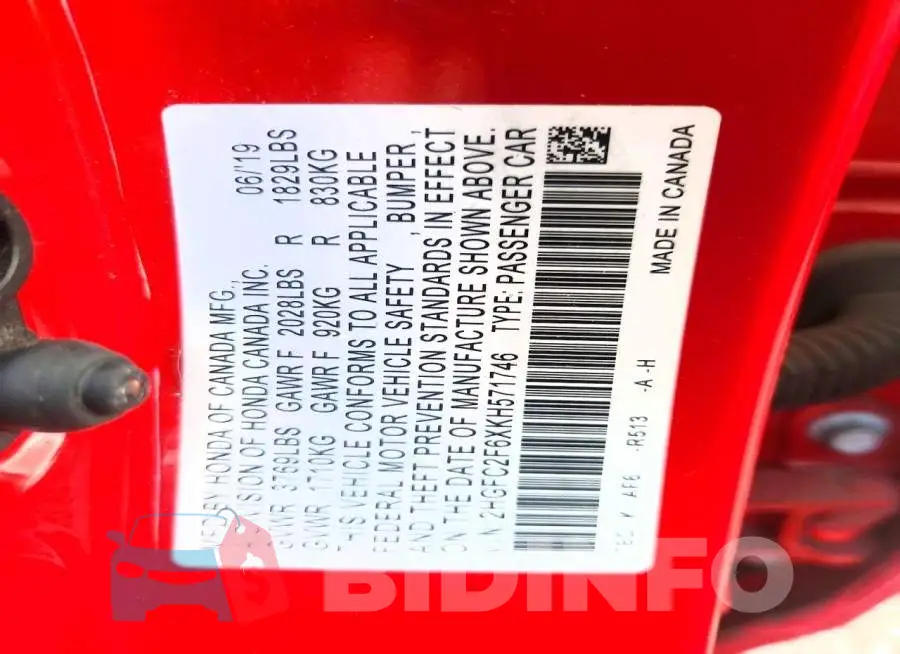 2HGFC2F6XKH571746 Photo# 12