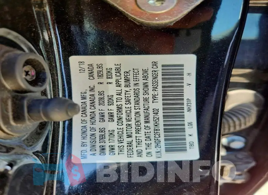 2HGFC2F81KH521402 Photo# 12