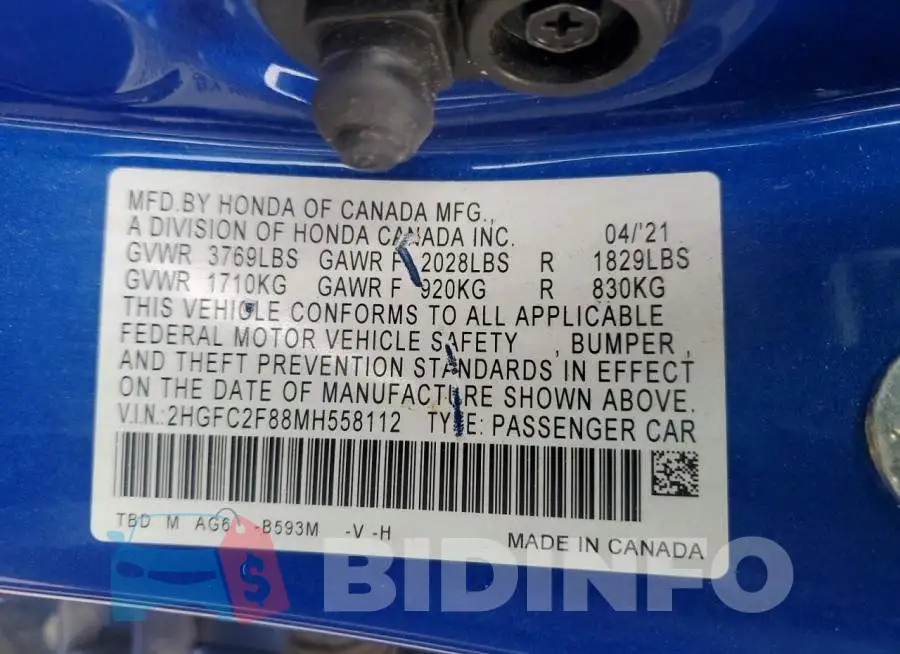 2HGFC2F88MH558112 Photo# 12