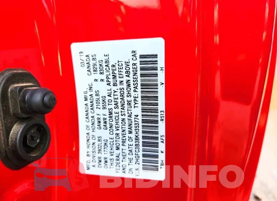2HGFC3B38KH353774 Photo# 12