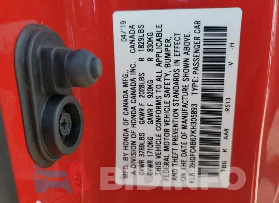 2HGFC4B67KH305893 Photo# 12