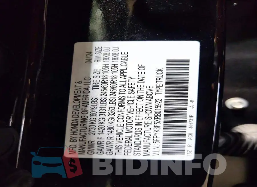 5FPYK3F5XRB015922 Photo# 12