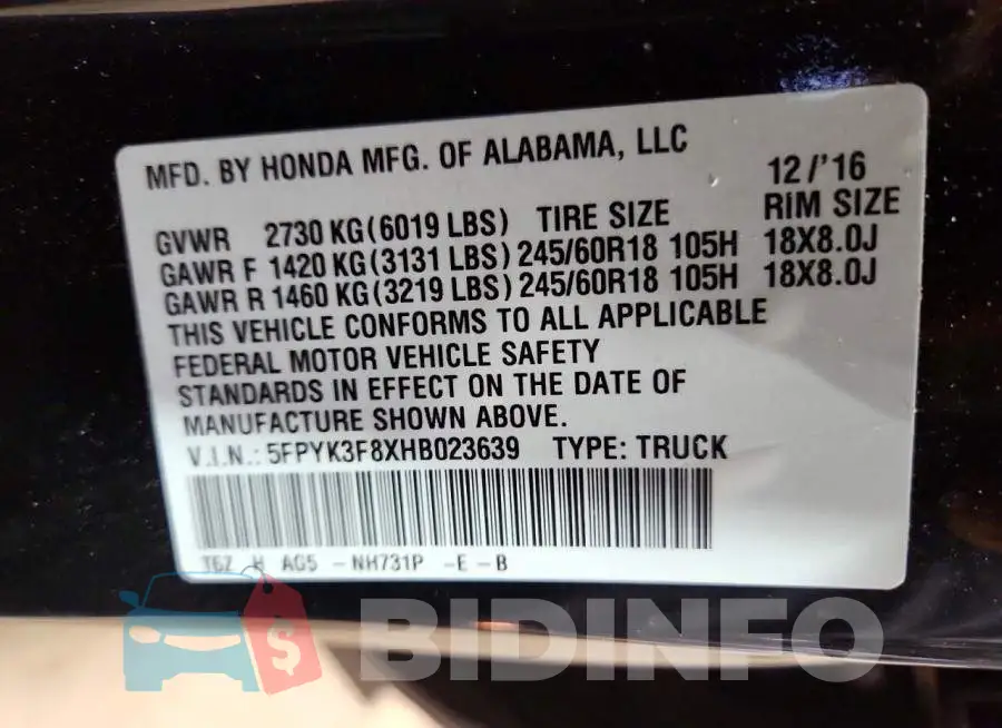 5FPYK3F8XHB023639 Photo# 12
