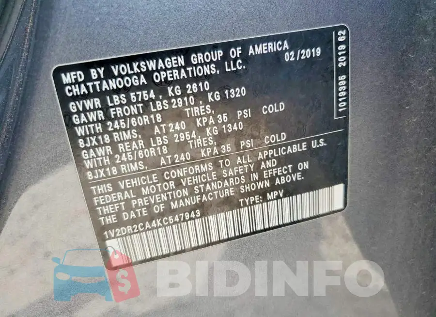 1V2DR2CA4KC547943 Photo# 14