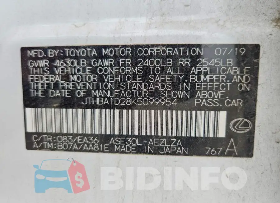JTHBA1D28K5099954 Photo# 12