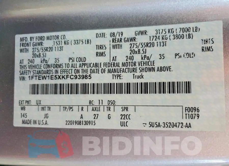 1FTEW1E5XKFC93985 Photo# 12