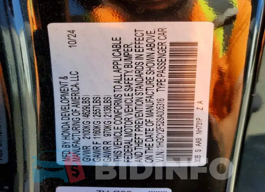 1HGCY2F52SA005316 Photo# 12