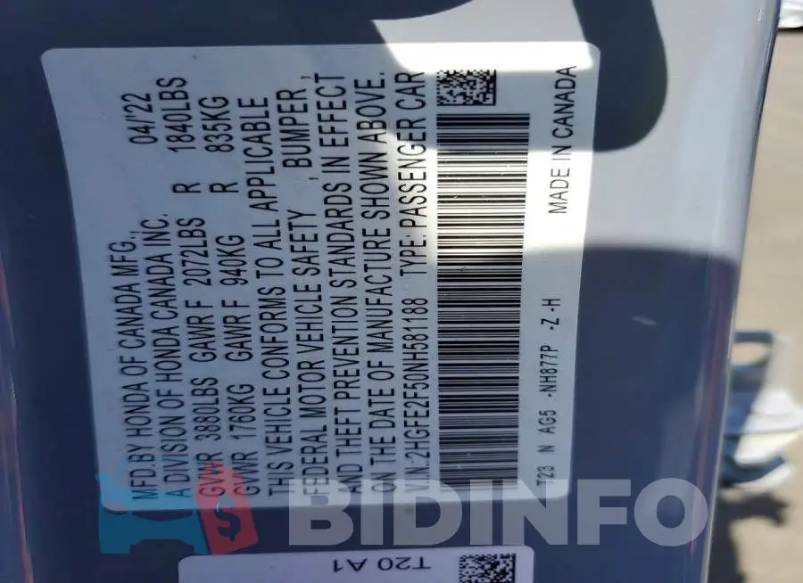 2HGFE2F50NH581188 Photo# 12