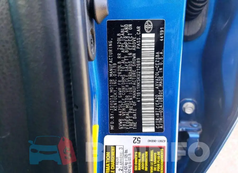 4T1B11HK5KU212689 Photo# 12