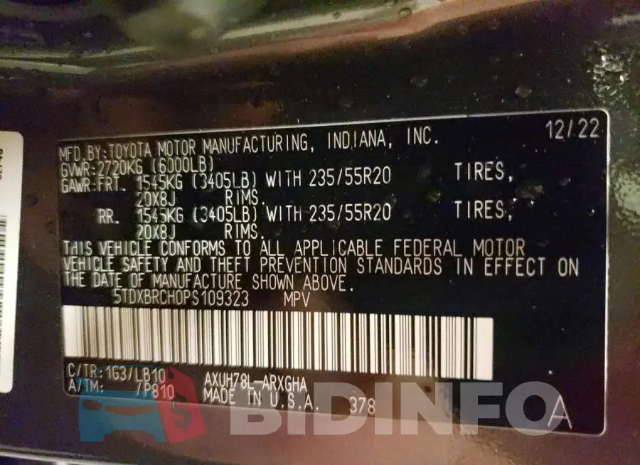 5TDXBRCH0PS109323 Photo# 13