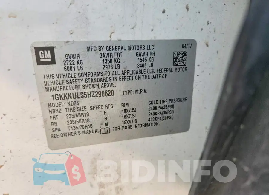 1GKKNULS5HZ290620 Photo# 13