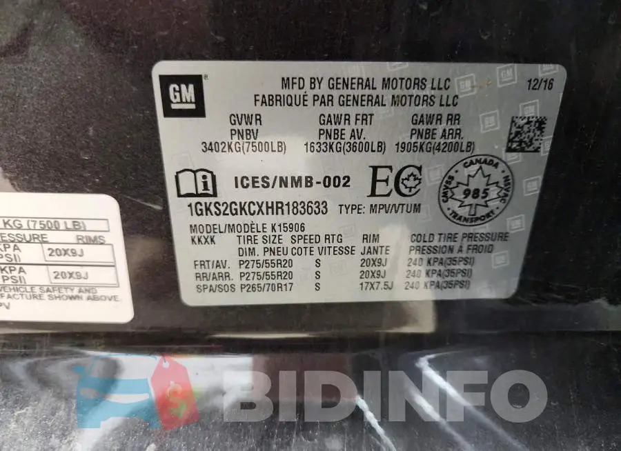 1GKS2GKCXHR183633 Photo# 14
