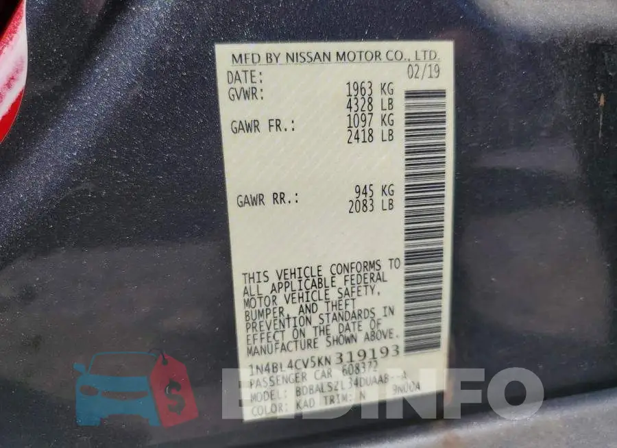 1N4BL4CV5KN319193 Photo# 12