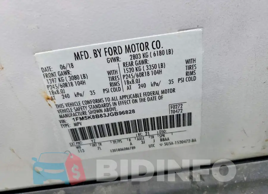 1FM5K8B83JGB96828 Photo# 14