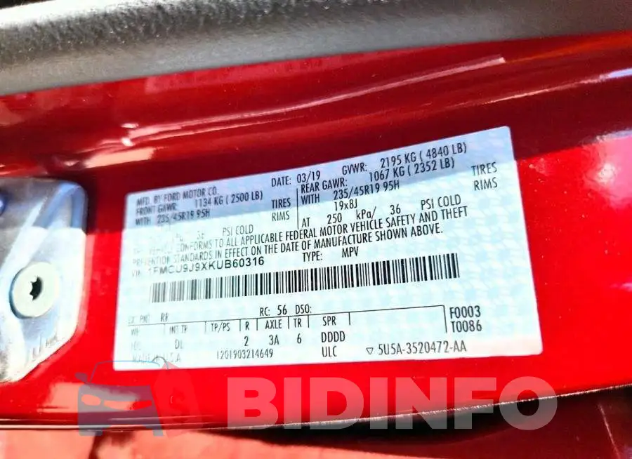 1FMCU9J9XKUB60316 Photo# 13