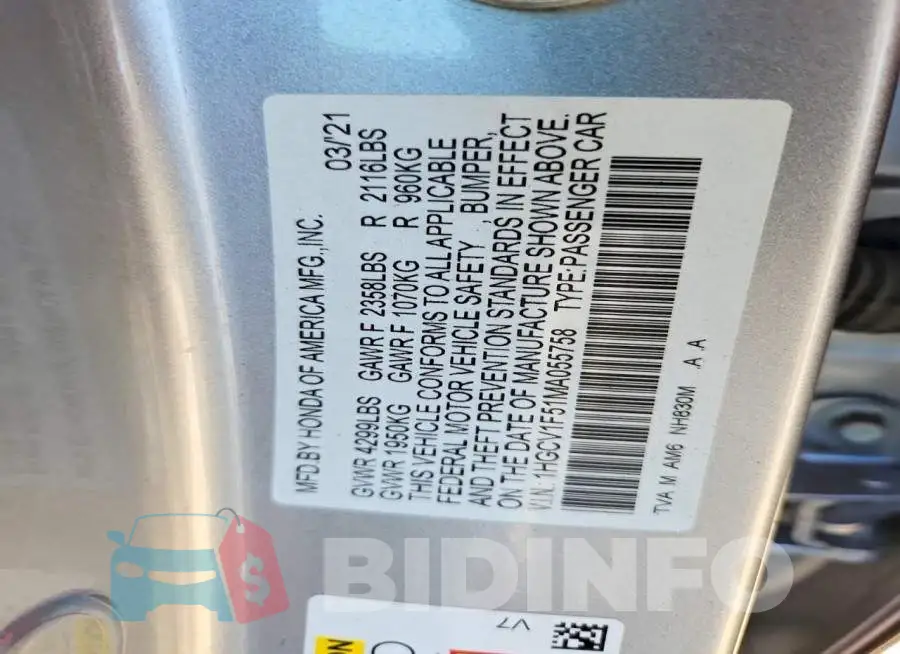 1HGCV1F51MA055758 Photo# 12