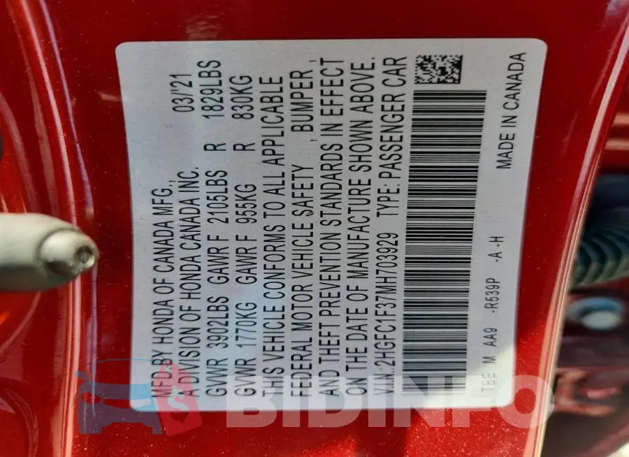 2HGFC1F37MH703929 Photo# 13
