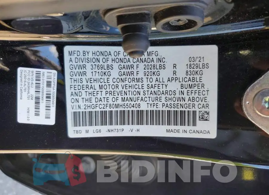 2HGFC2F80MH550408 Photo# 12