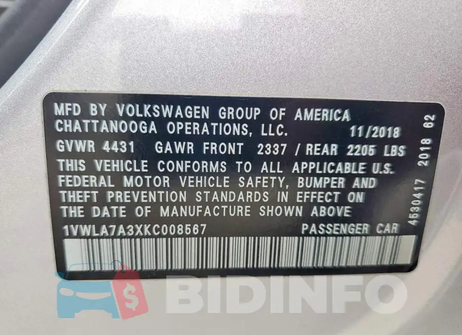 1VWLA7A3XKC008567 Photo# 12