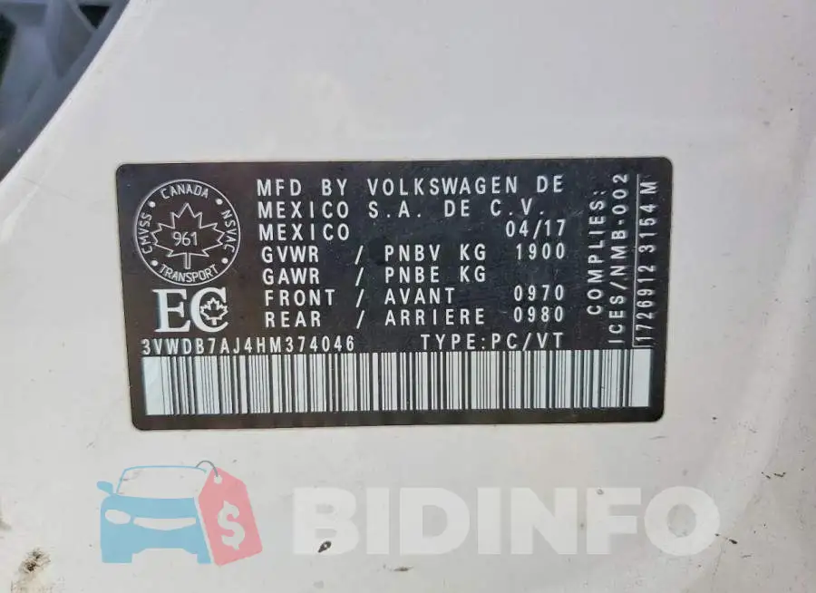 3VWDB7AJ4HM374046 Photo# 12