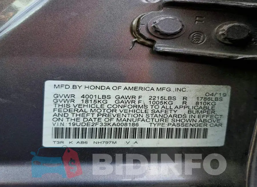 19UDE2F33KA008186 Photo# 13