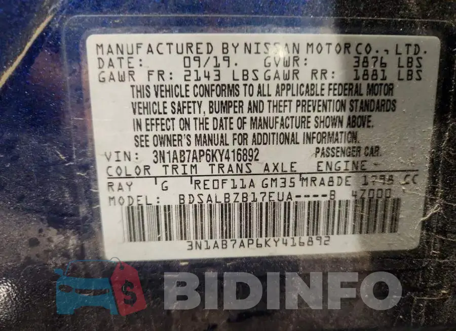 3N1AB7AP6KY416892 Photo# 12
